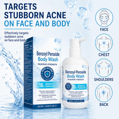 Hermon Benzoyl Peroxide Body Wash: 10% Benzoyl Peroxide Acne Wash for Face, Skin, Butt, and Back Acne - Maximum-Strength Fast-Acting Acne Control Cleanser 8.45 Fl. Oz.