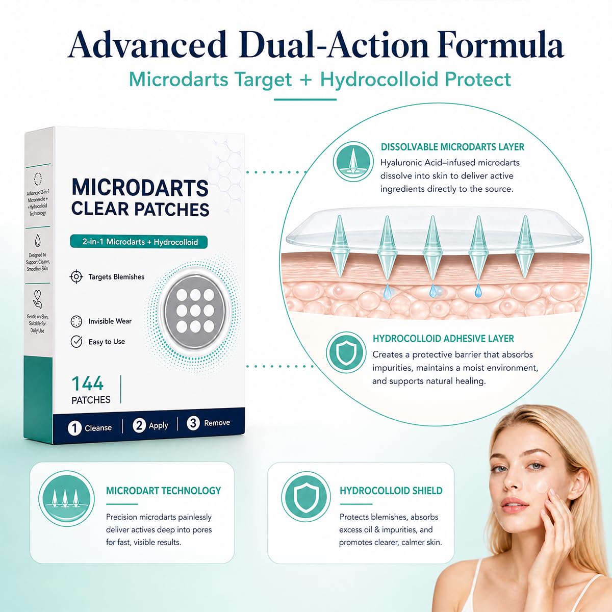 3PCS Microdarts Clear Patches, 2-in-1 Microdarts & Hydrocolloid Patch, Gentle Formula for All Skin, Natural Hydrocolloid Patches for Women and Men