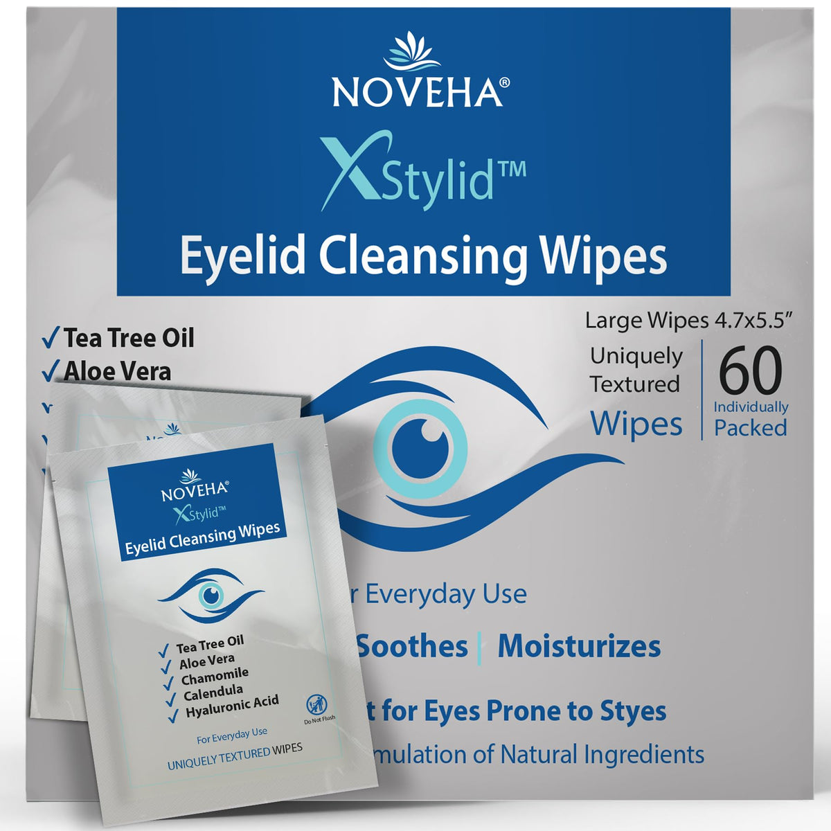 NOVEHA 60Pcs Stye Relief Eyelid & Lash Wipes with Tea Tree Oil, Hyaluronic Acid, Aloe Vera, Chamomile & Green Tea; Gently Soothes, Hydrates & Refreshes for Dry, Itch & Blepharitis; Hypoallergenic
