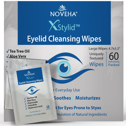 NOVEHA 60Pcs Stye Relief Eyelid & Lash Wipes with Tea Tree Oil, Hyaluronic Acid, Aloe Vera, Chamomile & Green Tea; Gently Soothes, Hydrates & Refreshes for Dry, Itch & Blepharitis; Hypoallergenic