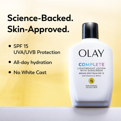 Olay Complete All Day Moisturizer with Broad Spectrum SPF 15 Normal, Sunscreen for Face, 4 Fl Oz (Pack of 1)