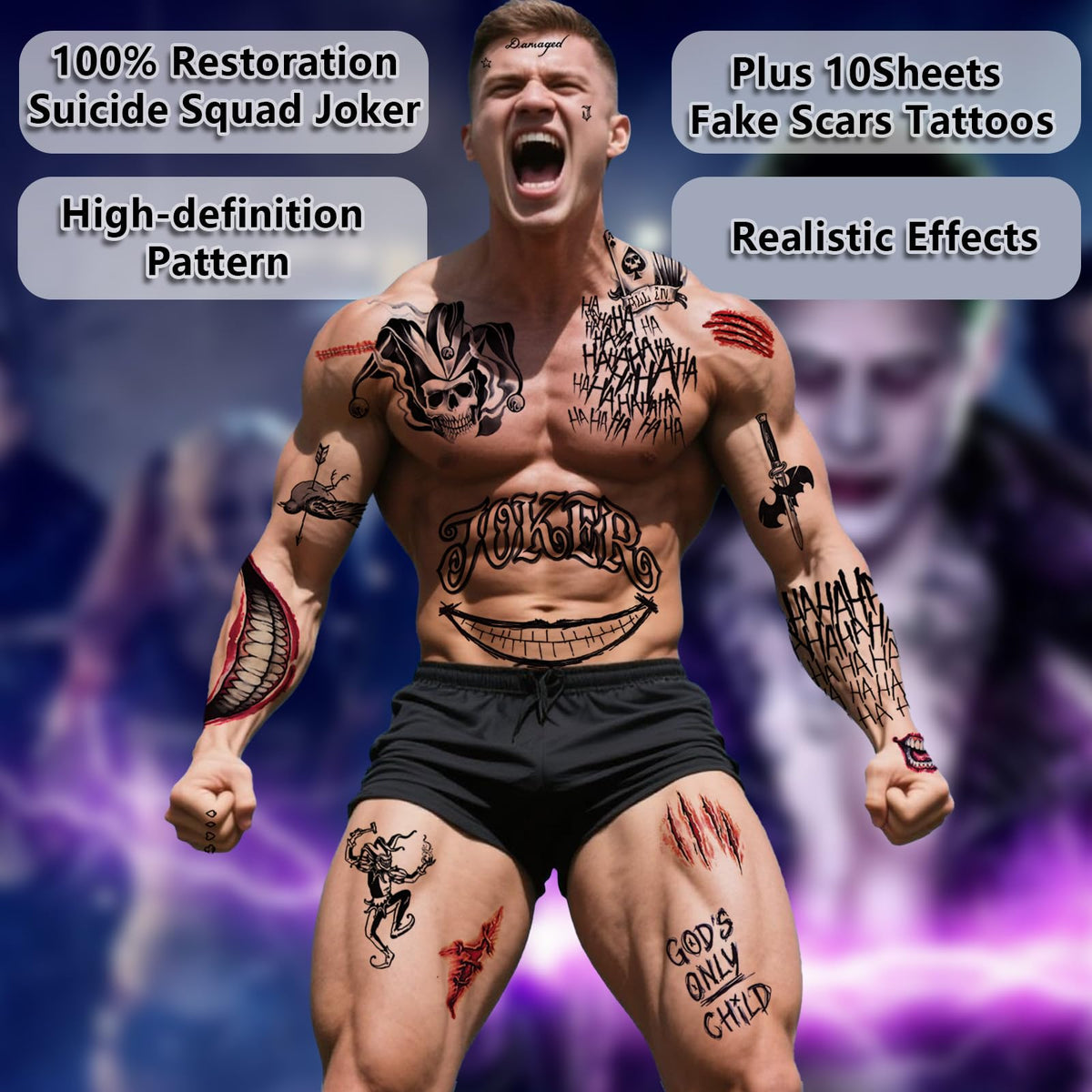 Joker Tattoos Halloween - HAHAHA Damaged JOKER Smile Temporary Tattoos Fake Tattoo Stickers Joker Costume Masquerade Cosplay Party Accessories Makeup Waterproof