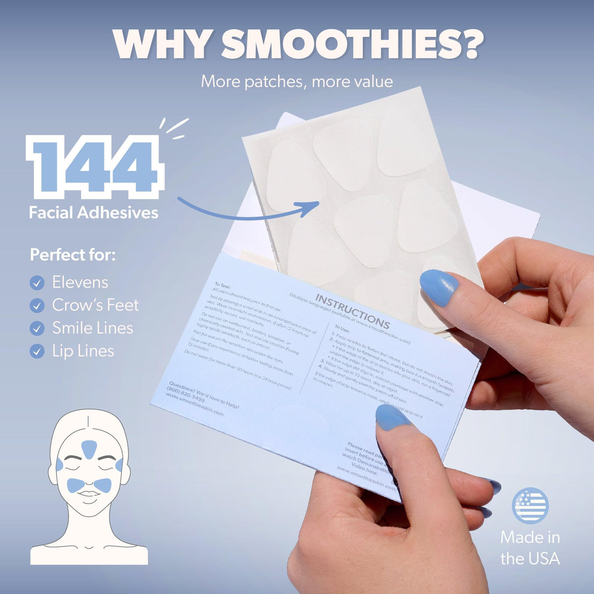 Smoothies Triangle Wrinkle Patches for Face Overnight - Facial Patches for Elevens, Crows Feet and more, 144 Facial Adhesives per Box - Face Tape, Made in the USA