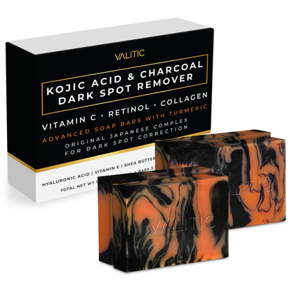 VALITIC Charcoal Kojic Acid Turmeric Black Soap for Dark Spots, 4 Pack