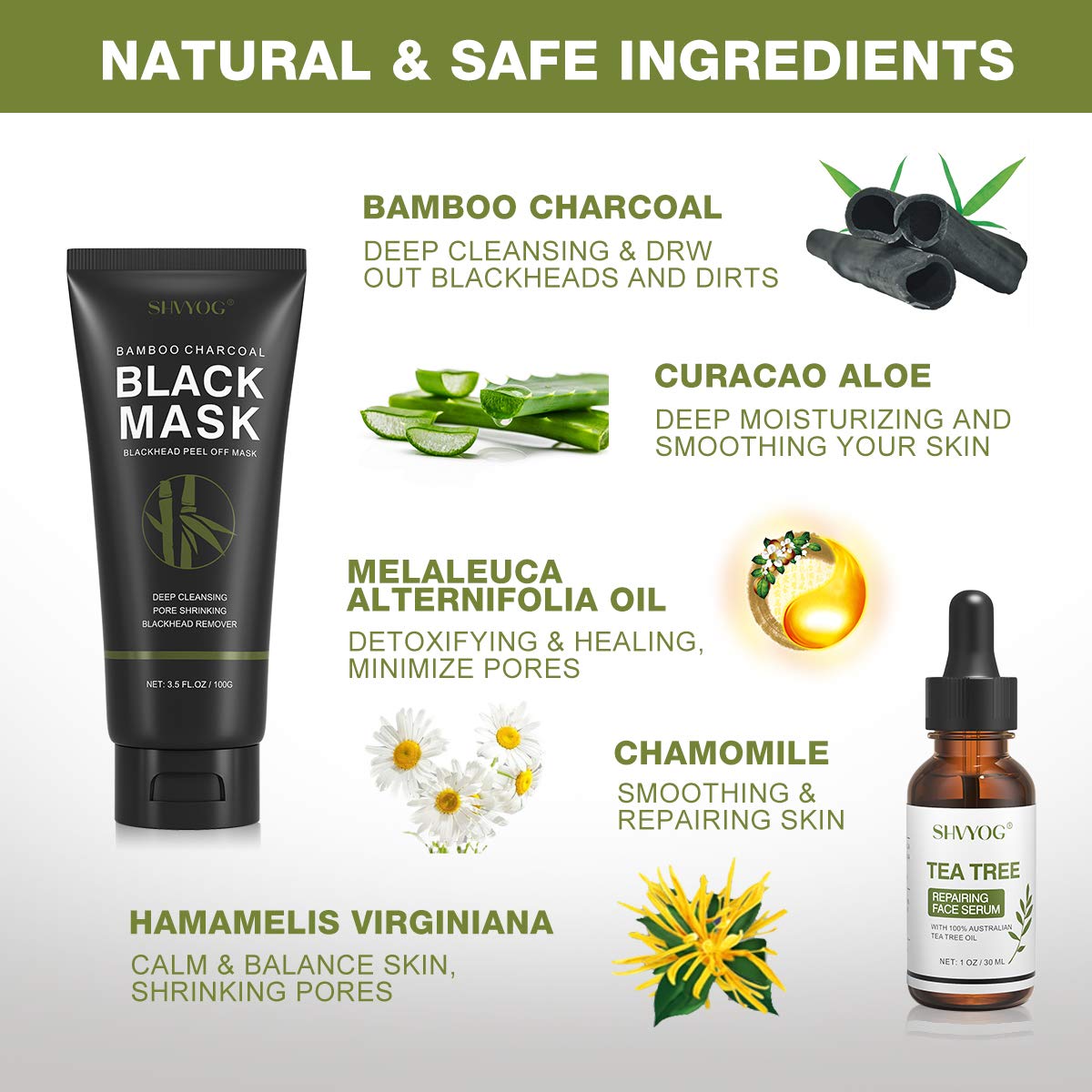 Blackhead Peel Off Face Mask, SHVYOG 3-in-1 Blackhead Remover Mask with Brush & Tea Tree Oil Serum, Charcoal Face Mask for Deep Cleansing Blackheads, Dirts, Pores, Skin Oil (100g+30ml)