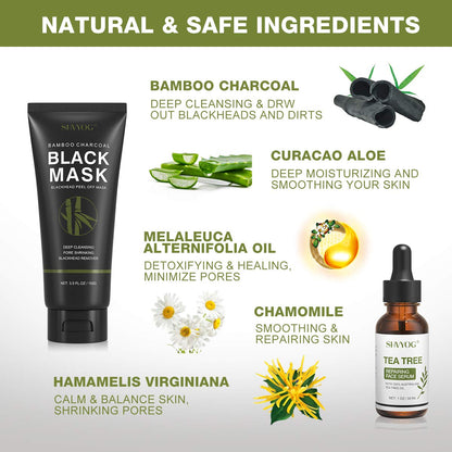 Blackhead Peel Off Face Mask, SHVYOG 3-in-1 Blackhead Remover Mask with Brush & Tea Tree Oil Serum, Charcoal Face Mask for Deep Cleansing Blackheads, Dirts, Pores, Skin Oil (100g+30ml)