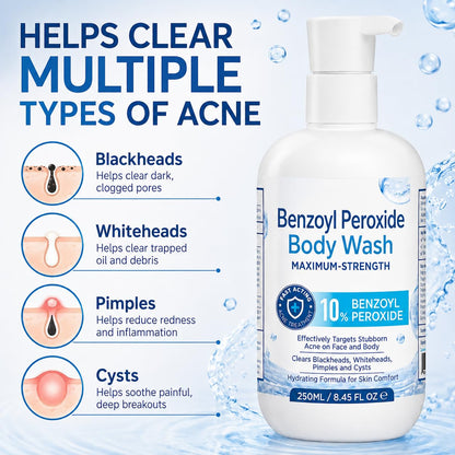 Hermon Benzoyl Peroxide Body Wash: 10% Benzoyl Peroxide Acne Wash for Face, Skin, Butt, and Back Acne - Maximum-Strength Fast-Acting Acne Control Cleanser 8.45 Fl. Oz.