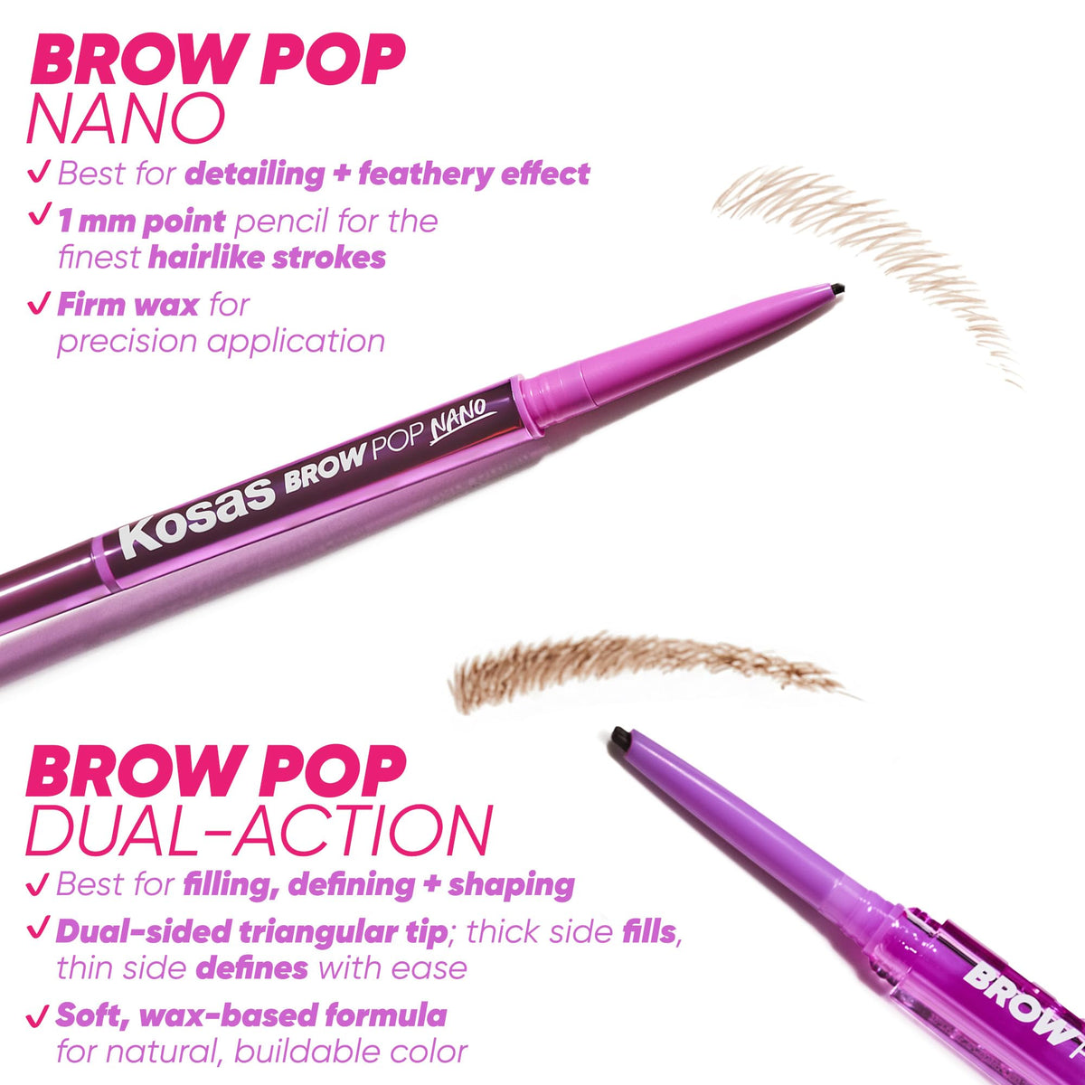 Kosas Brow Pop Nano Ultra-Fine 1mm Eyebrow Pencil w Spoolie, Medium Brown