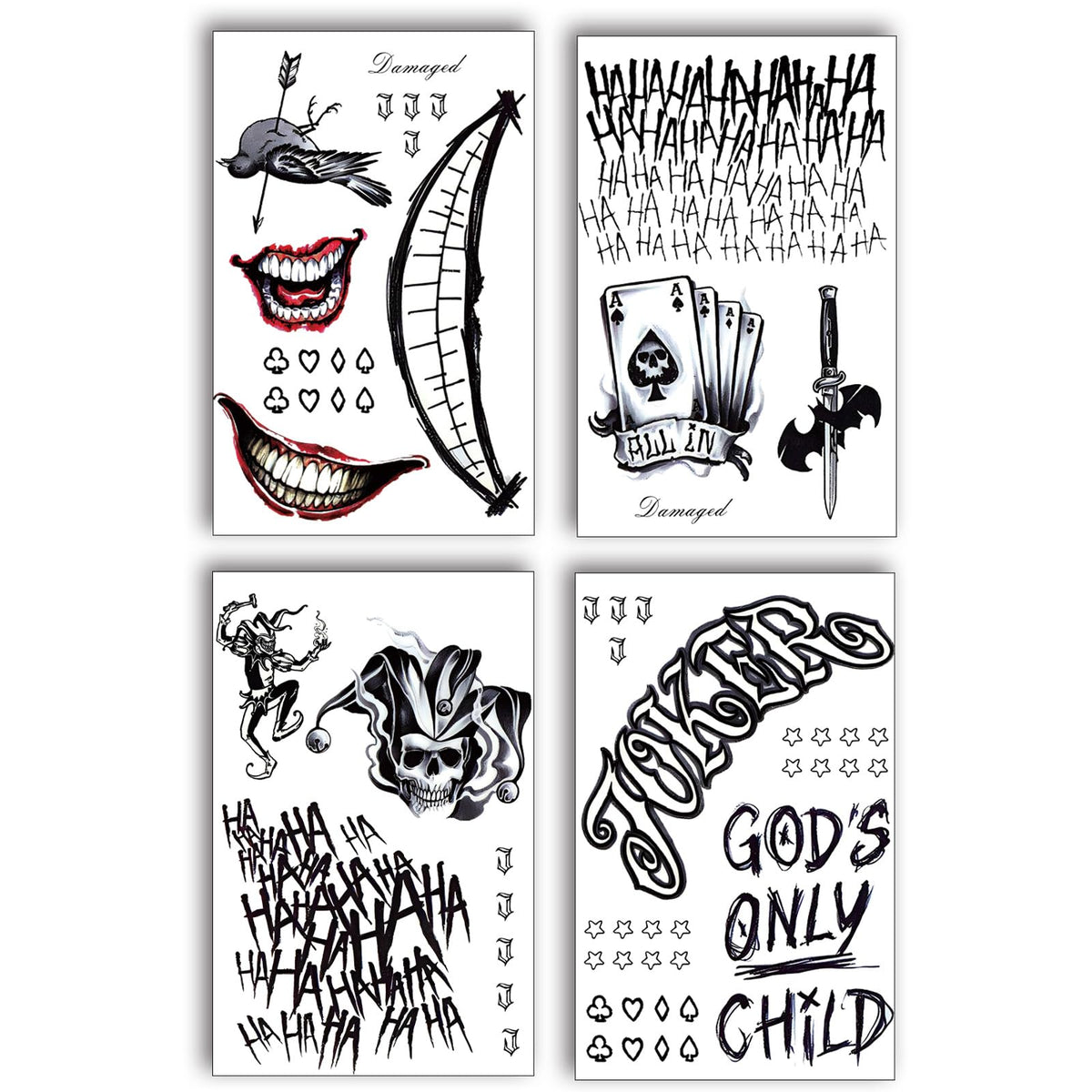 Joker Temporary Tattoos 4 Sheets Men Halloween Cosplay