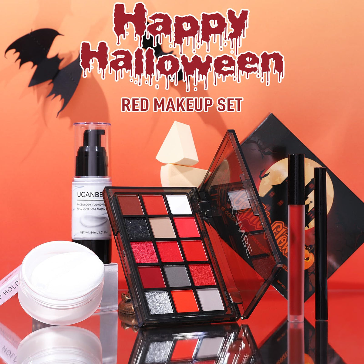 UCANBE Halloween Makeup Kit – 15-Color Red Eyeshadow Palette, White Liquid Foundation, Red Liquid Lipstick, Black Eyeliner, Setting Powder & Sponges Makeup Set for SFX Cosplay Costume Clown Vampire
