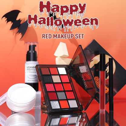 UCANBE Halloween Makeup Kit – 15-Color Red Eyeshadow Palette, White Liquid Foundation, Red Liquid Lipstick, Black Eyeliner, Setting Powder & Sponges Makeup Set for SFX Cosplay Costume Clown Vampire