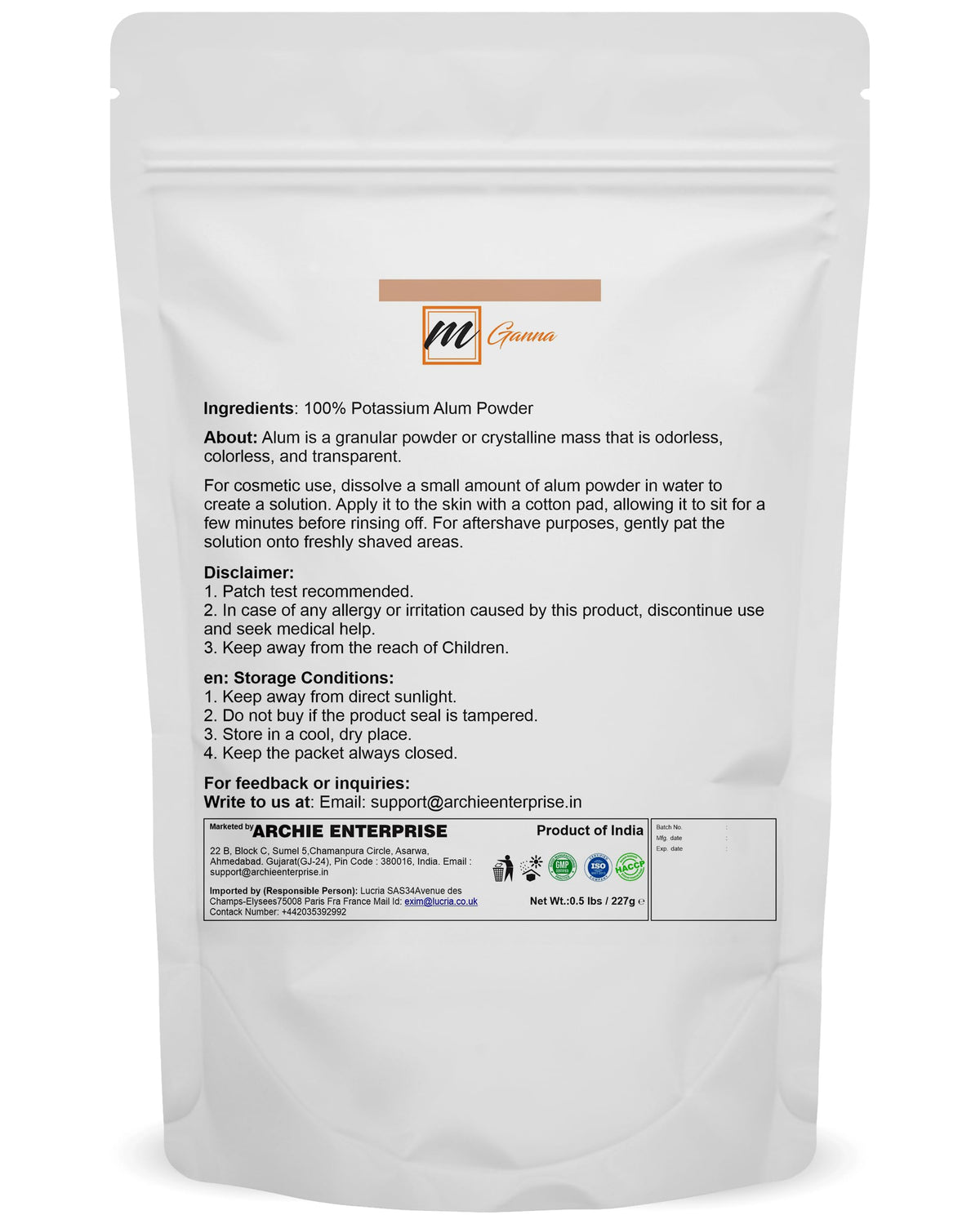 mGanna 100% Natural Alum Powder for Skin and Health Care 100 GMS / 0.22 LBS