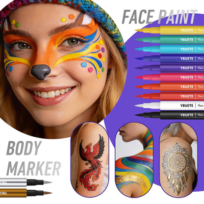 YBUETE 12 Colors Water Resistance Temporary Face Body Painting Markers