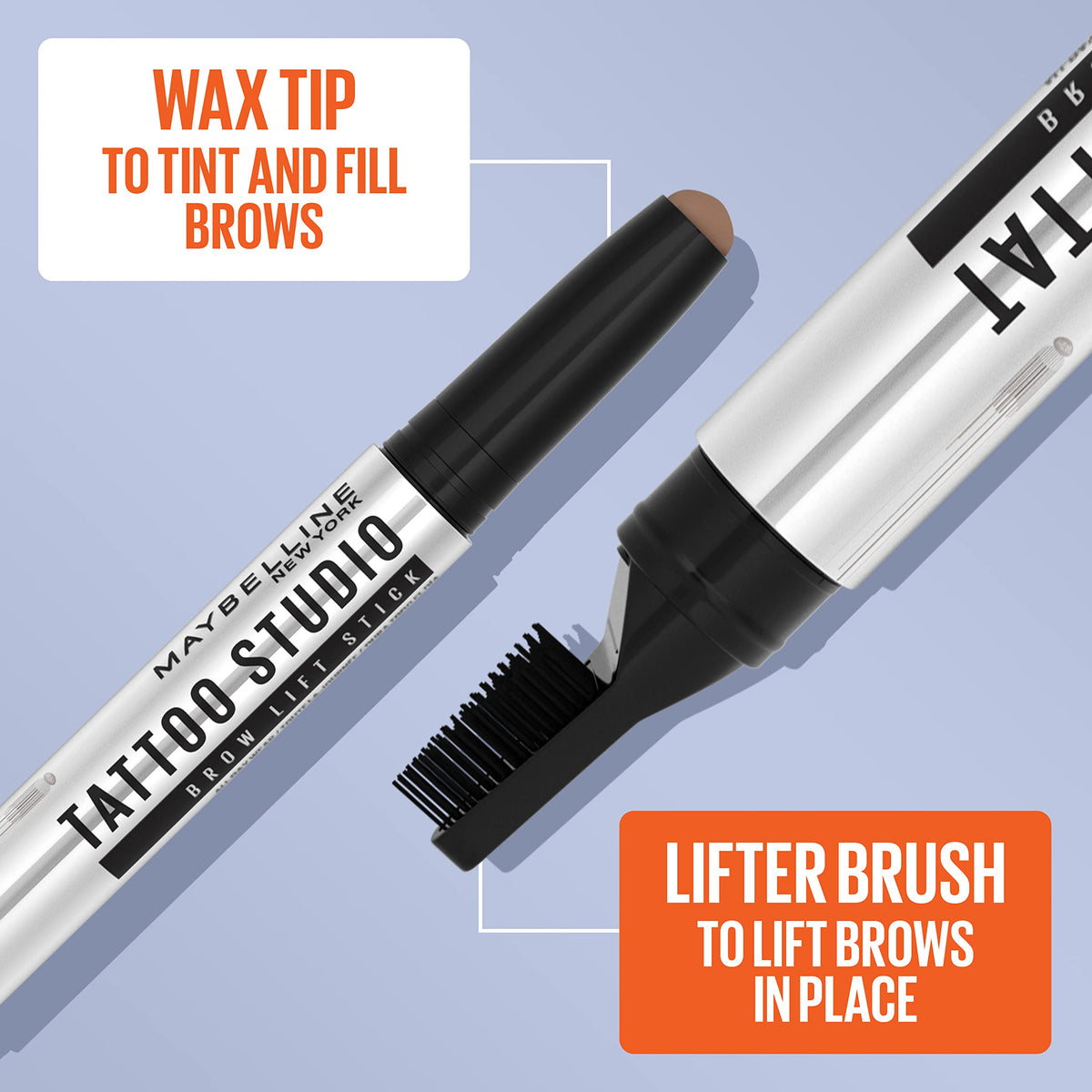 Maybelline TattooStudio Brow Lift Stick Makeup with Tinted Wax Conditioning Complex, Soft Brown, 1 Count