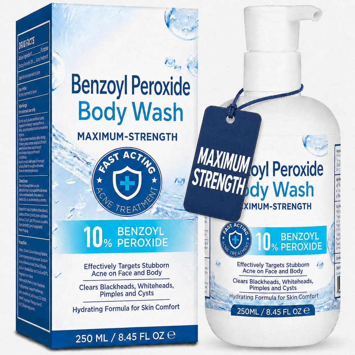 Hermon Benzoyl Peroxide Body Wash: 10% Benzoyl Peroxide Acne Wash for Face, Skin, Butt, and Back Acne - Maximum-Strength Fast-Acting Acne Control Cleanser 8.45 Fl. Oz.