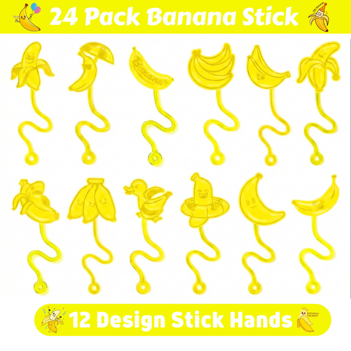48PCS Banana Party Favors - 24 Temporary Tattoos & 24 Stick Hands