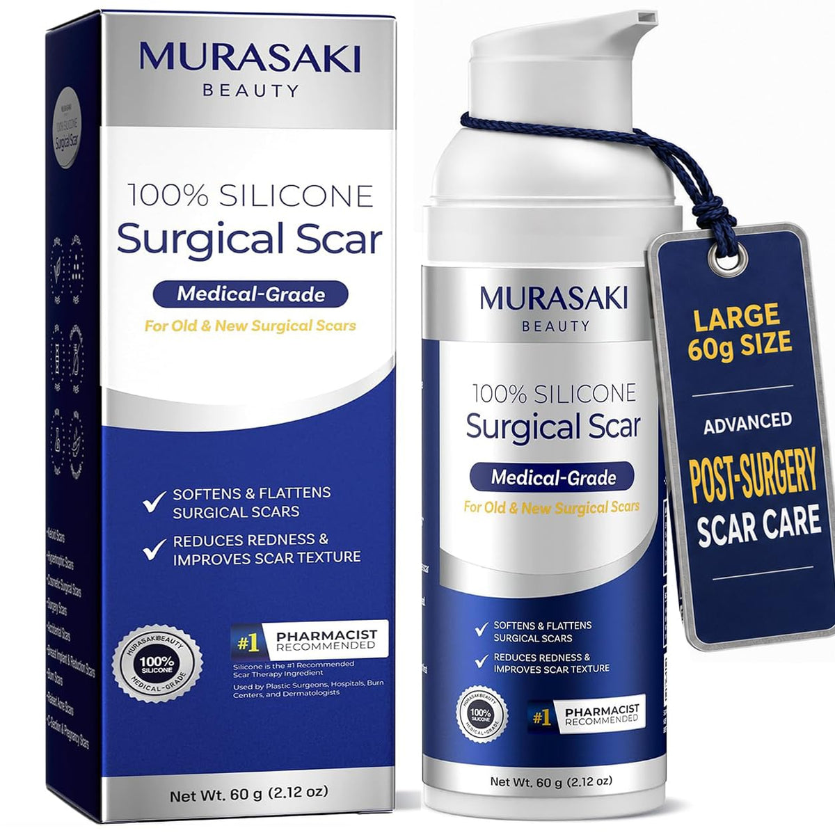 100% Silicone Scar Gel for Surgical Scars - Maximum Strength Silicone Scar Gel for C-Section, Plastic Surgery, Burns, Injury, Keloids, Hypertrophic & Old/New Scars - 2.12 oz (60g)