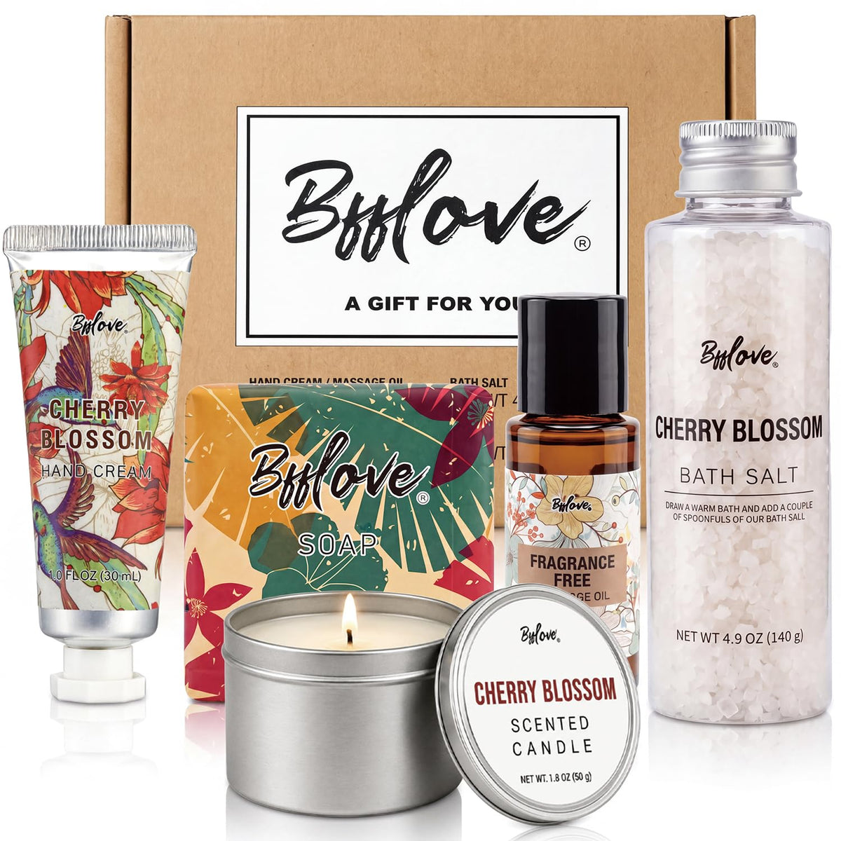 BFFLOVE Gift Set for Women 5pcs Cherry Blossom Spa Set, Birthday Presents for Her with Massage Oil, Scented Candle, Bath Salts, Hand Cream, Mothers' Day Gifts for Her