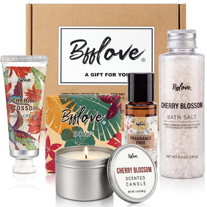 BFFLOVE Gift Set for Women 5pcs Cherry Blossom Spa Set, Birthday Presents for Her with Massage Oil, Scented Candle, Bath Salts, Hand Cream, Mothers' Day Gifts for Her