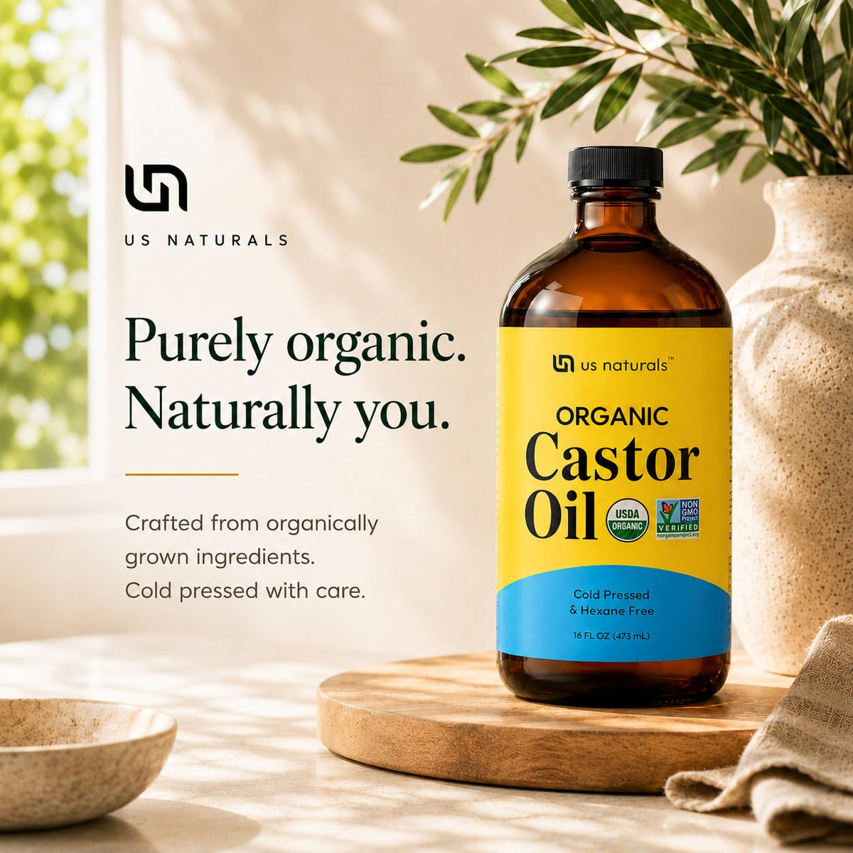Us Naturals Organic Castor Oil 16 oz - USDA Certified, Cold Pressed