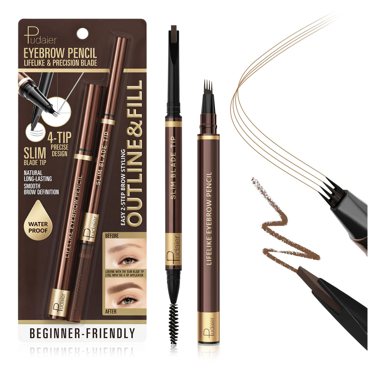 2 Pack Waterproof Eyebrow Pencils for Women with 4-Tip and Blade Tip