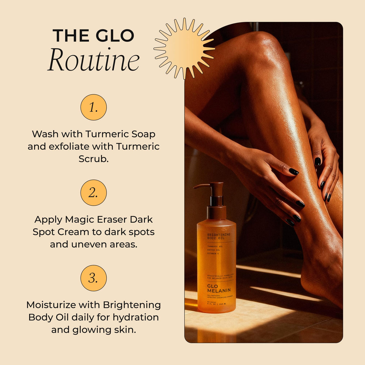 Glo Melanin Brightening Body Oil – Topical Moisturizer with Vitamin C, Kojic Acid & Turmeric – Lightweight Hydrating Cosmetic Oil for Melanin-Rich Skin (8 oz / 230 ml)