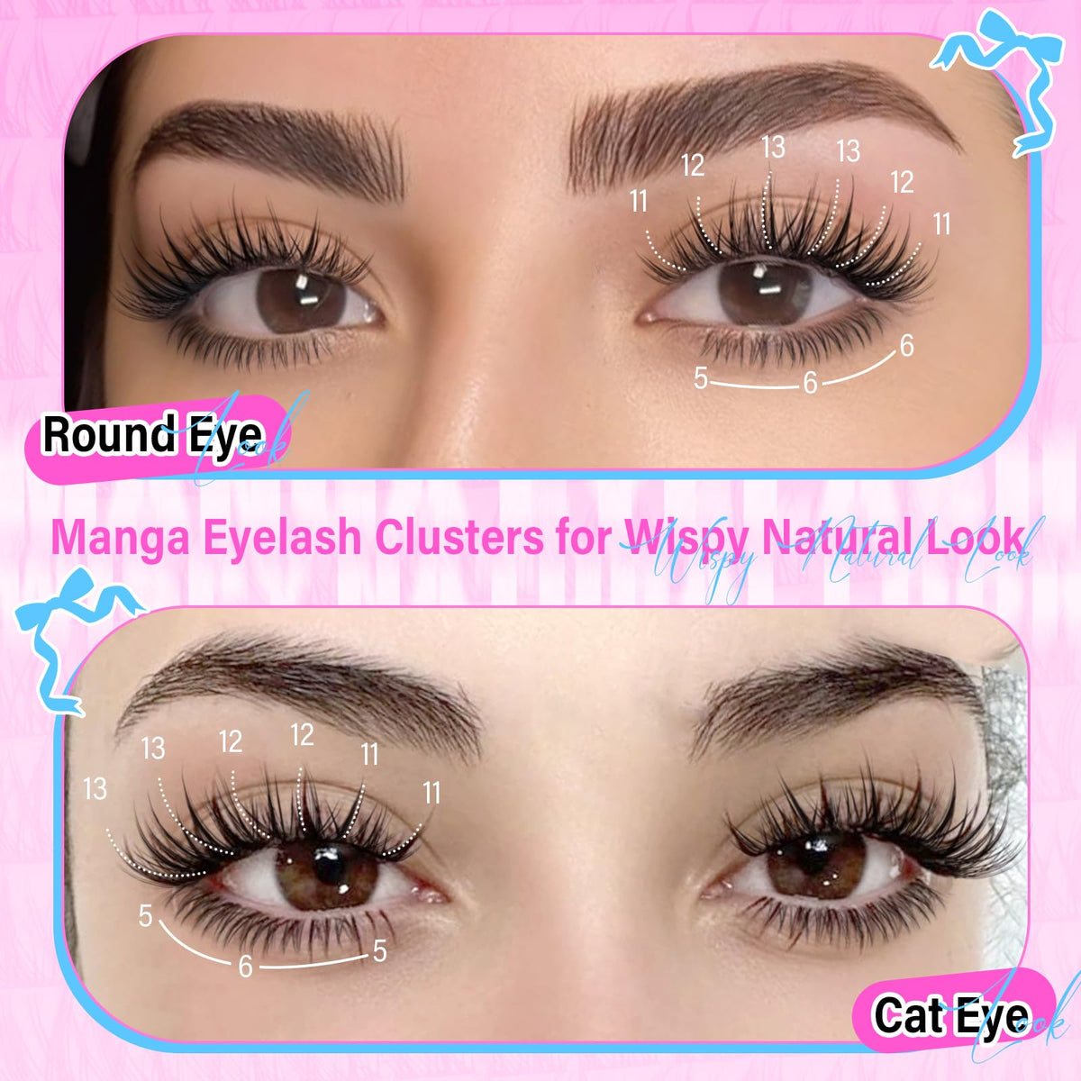 calphdair Natural Lash Clusters with Bottom Lashes DIY Wispy Cluster Eyelash Extensions C-curly Individual Lashes 11-13mm Short Eyelash Clusters Manga Cluster Lashes with Bottom Lash Extension 164pcs