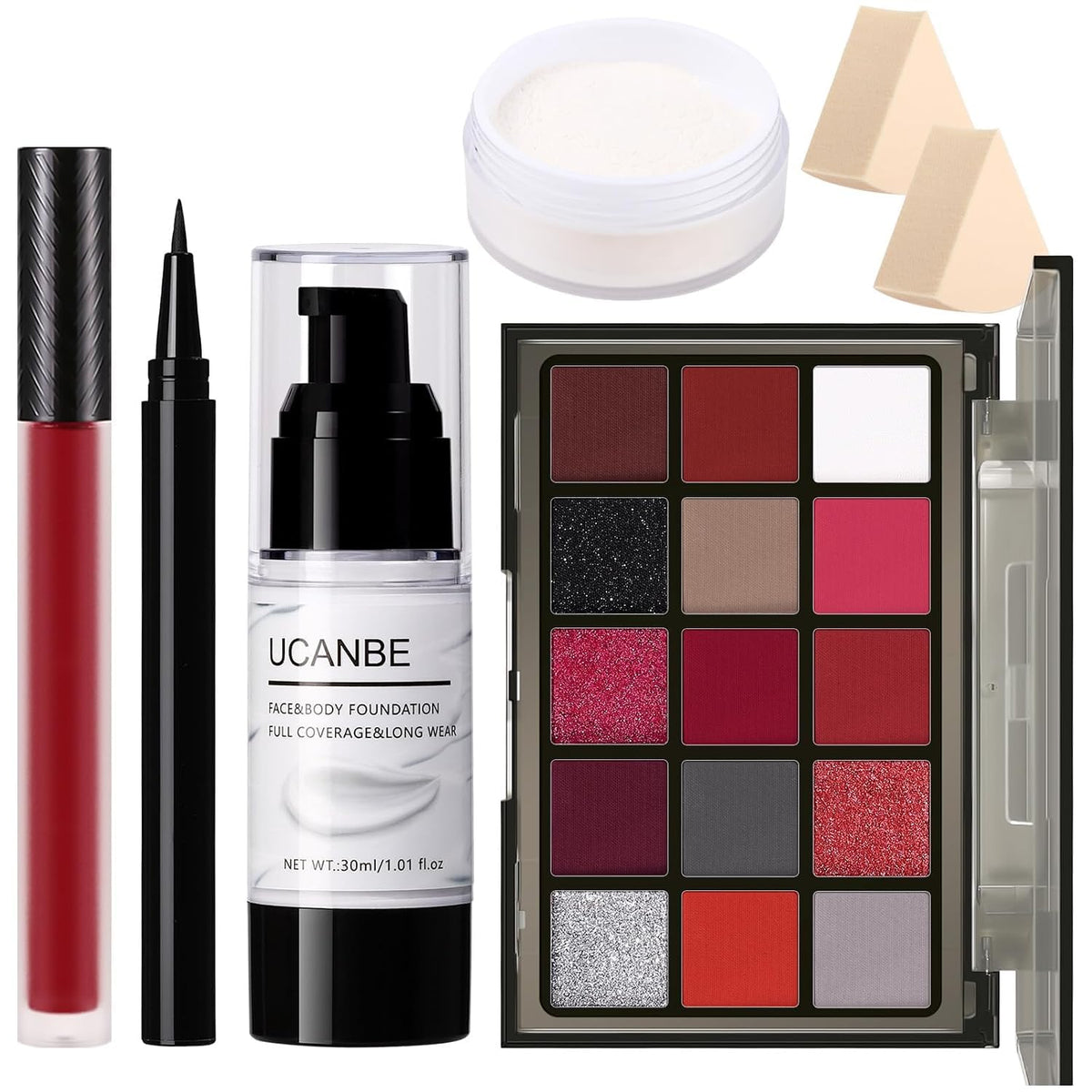 UCANBE Halloween Makeup Kit – 15-Color Red Eyeshadow Palette, White Liquid Foundation, Red Liquid Lipstick, Black Eyeliner, Setting Powder & Sponges Makeup Set for SFX Cosplay Costume Clown Vampire