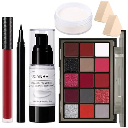 UCANBE Halloween Makeup Kit – 15-Color Red Eyeshadow Palette, White Liquid Foundation, Red Liquid Lipstick, Black Eyeliner, Setting Powder & Sponges Makeup Set for SFX Cosplay Costume Clown Vampire