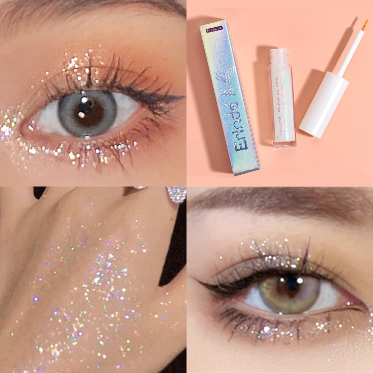 Erinde Liquid Glitter Eyeshadow Eyeliner, Korean Makeup Bling Under Eye Shadow, Shimmer Metallic, Lightweight Waterproof Long Wearing, Loose Glue for Sparkly Crystals Eye Makeup, Colorful Sequins