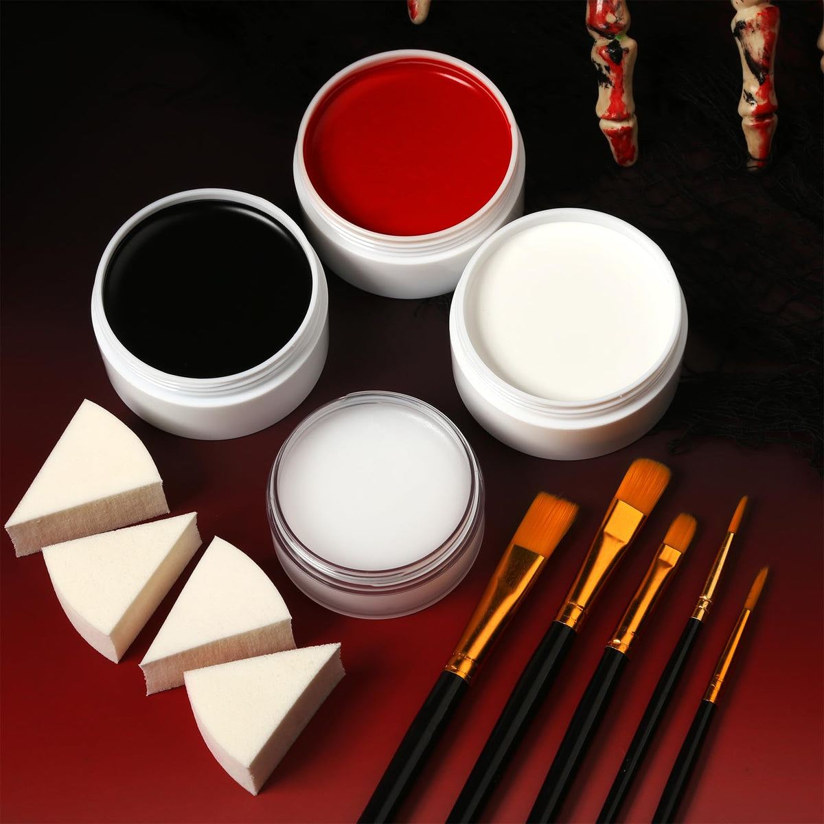 Black White Red Face Paint Kit – Large 50g Oil-Based Grease Makeup Set with Remover Balm, 5 Brushes & 4 Sponges – Waterproof, Full Coverage Halloween, Cosplay & Stage SFX Makeup