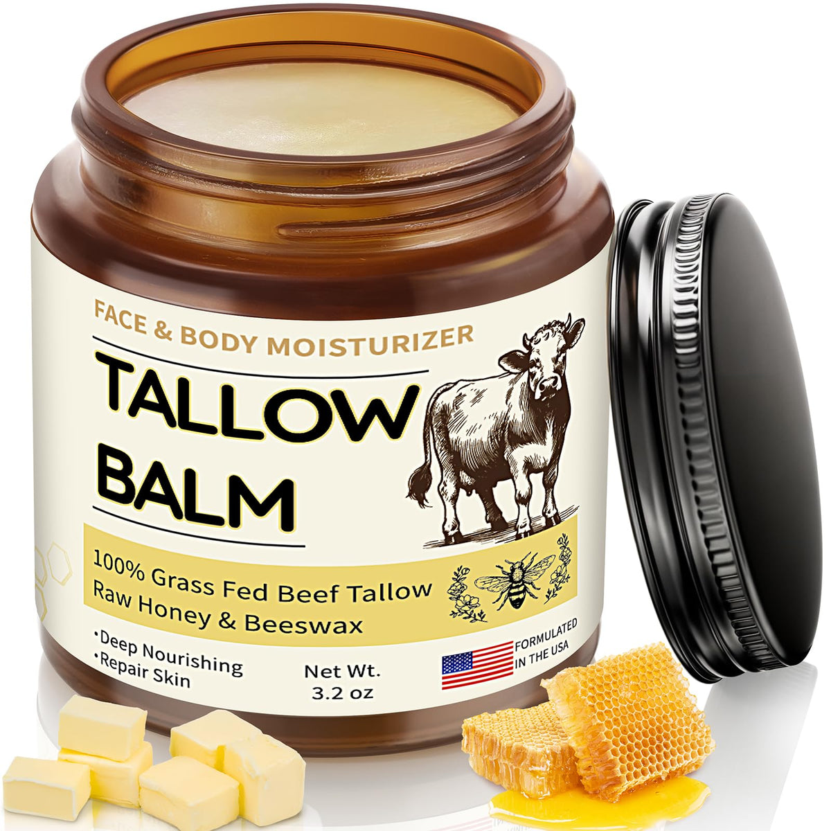 Veakoo Beef Tallow for Skin, Organic Whipped Tallow and Honey Balm, Grass Fed Beef Tallow Face Cream, Natural Tallow Skin Care Moisturizer Body Butter, Nourish and Soothe Dry Skin