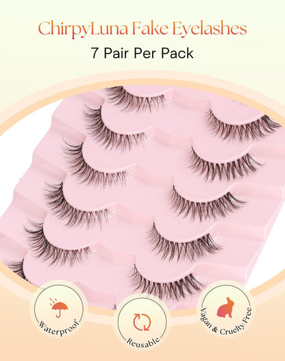 Natural Lashes Cat Eye 12MM False Eyelashes Wispy Lash Strips C Curl False Lashes Natural Look with 0.1MM Clear Band 3D Volume Strip Eyelashes Pack ChirpyLuna 7 Pair