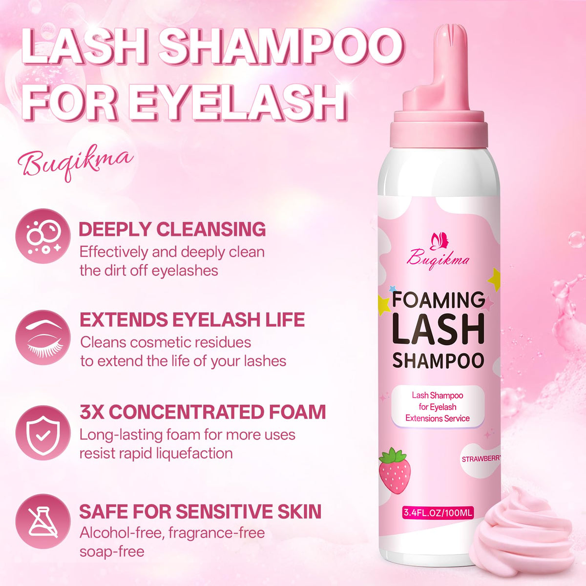 Buqikma Pink Foaming Lash Shampoo Kit Lash Extension Cleanser 3.4Fl Oz
