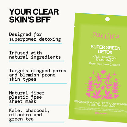 Pacifica Super Green Detox Sheet Mask – Charcoal, Kale & Clay Pore Cleansing Mask for Oily, Blemish-Prone Skin, Deep Detox Facial Mask, Vegan