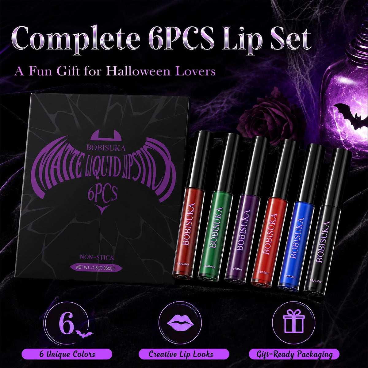 BOBISUKA 6pcs Halloween Liquid Lipstick Set, High Pigmented Bold Matte Black Blue Green Purple Red Lip Gloss Set, Waterproof Smudge-proof Lip Stain Kit for Cosplay Goth Costume Makeup
