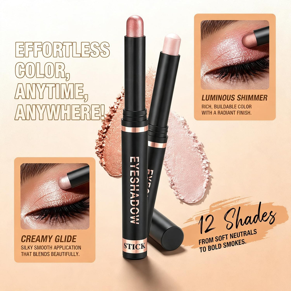 12 Colors Shimmer Eyeshadow Stick Set, Cream Eye Shadow Pen for Beginners