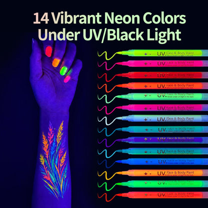 Bchunlucve 14 Colors Glow in the Dark Face & Body Paint, Neon Luminous Paint Pens Tattoo Markers, UV Black Light Face Paint for Skin, Kids, Adults, Nails, Halloween, Festival, Rave, Party Supplies