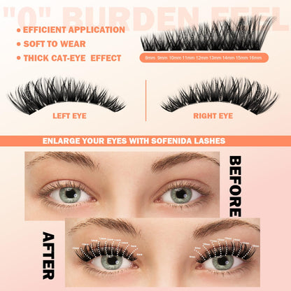 SOFENIDA Lash Clusters 80D Cluster Eyelash Extensions 8-16mm Cat Eye Wispy Eyelash Clusters 12 Pairs D Curvature Eyelash Clusters Left & Right Diy Lash Extension at Home