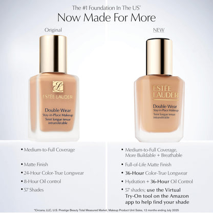 Estée Lauder Double Wear Stay-in-Place Foundation Makeup | 36-Hour Long-Wear Oil-Free Liquid Matte Foundation | Hydrating, Breathable, Buildable | New Formula, 1 Fl Oz, 3C2 Pebble