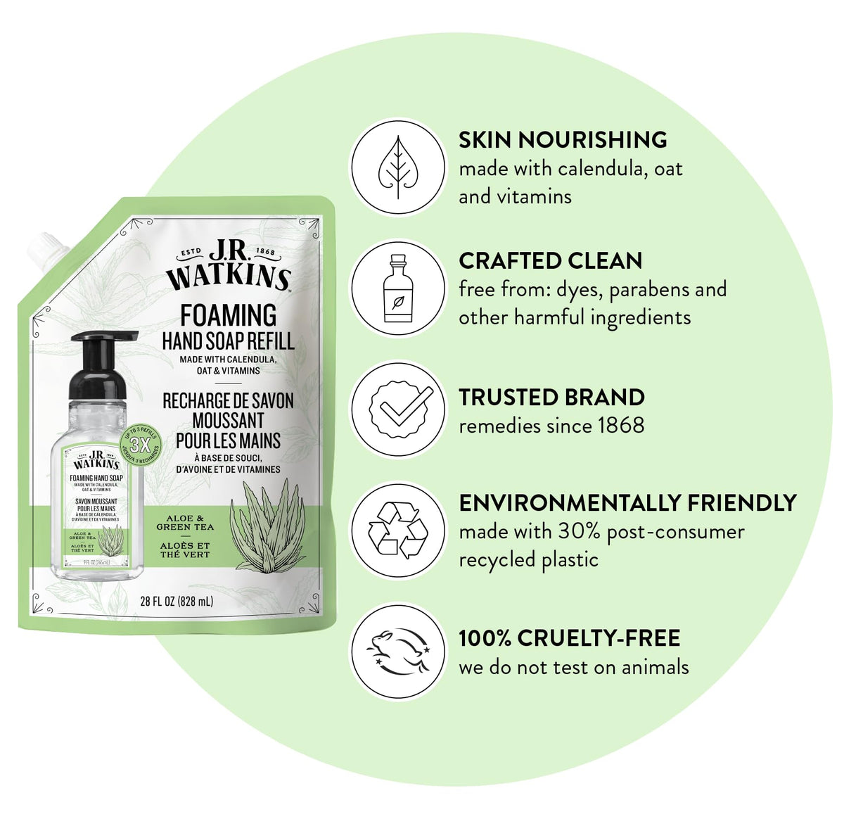 J.R. Watkins Foam Hand Soap Refill 2 Pack, Aloe & Green Tea, 28 fl oz