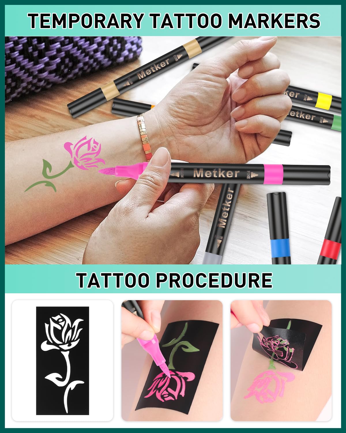 Metker Temporary Tattoo Markers, 16 Dual-End with 77 Stencils, Skin-Safe