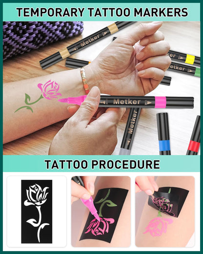 Metker Temporary Tattoo Markers, 16 Dual-End with 77 Stencils, Skin-Safe