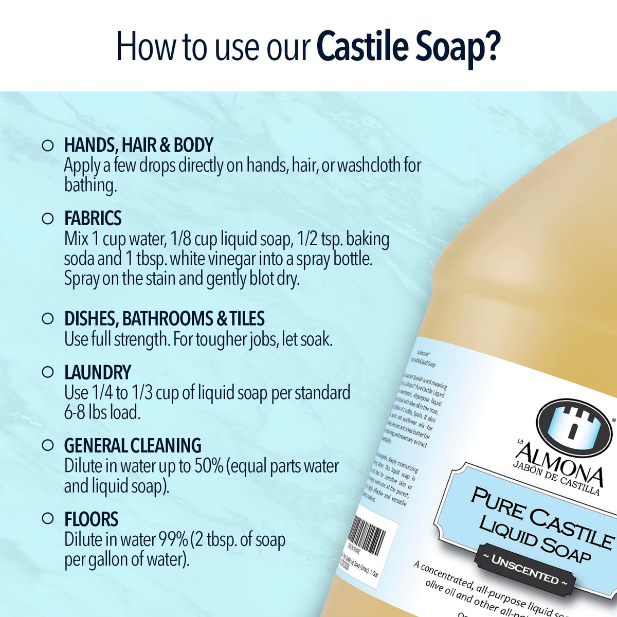 La Almona Pure Castile Liquid Soap, Unscented, 1 Gallon