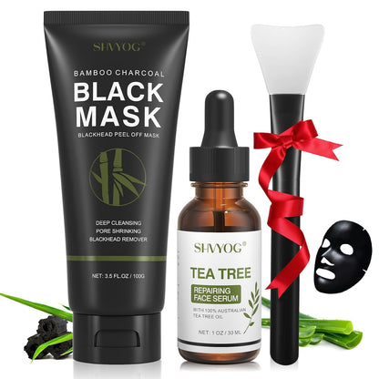 Blackhead Peel Off Face Mask, SHVYOG 3-in-1 Blackhead Remover Mask with Brush & Tea Tree Oil Serum, Charcoal Face Mask for Deep Cleansing Blackheads, Dirts, Pores, Skin Oil (100g+30ml)