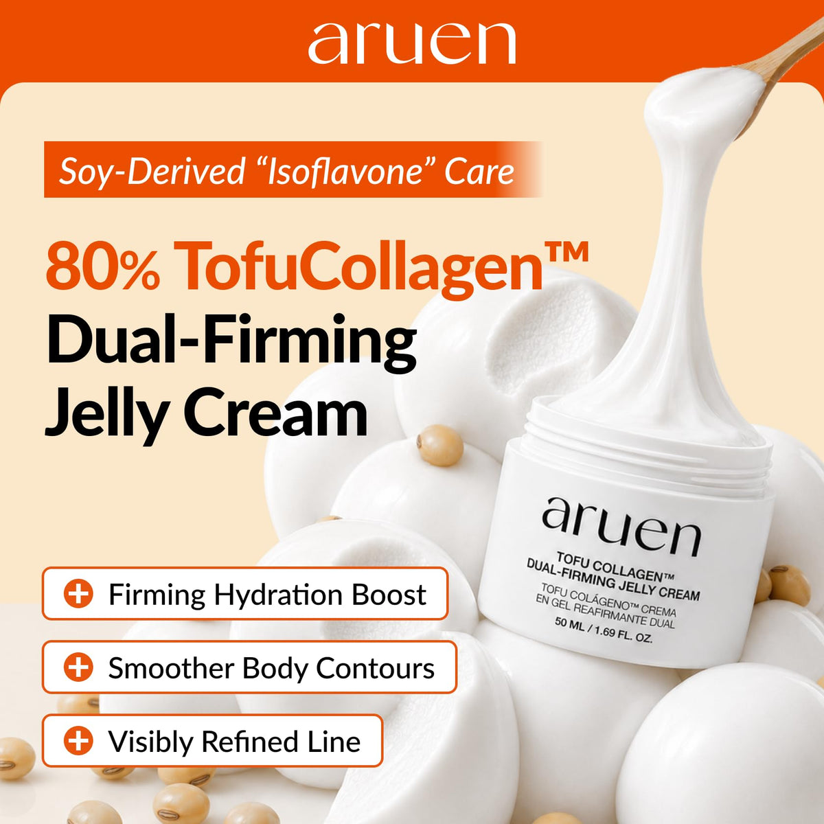 aruen Tofu Collagen Dual-Firming Jelly Cream - 80% Fermented Soy Milk + Bean Essence + Niacinamide - Korean Glass Skin Tightening, Daily Facial Moisturizer (1.69 fl.oz | 50ml)