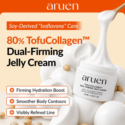 aruen Tofu Collagen Dual-Firming Jelly Cream - 80% Fermented Soy Milk + Bean Essence + Niacinamide - Korean Glass Skin Tightening, Daily Facial Moisturizer (1.69 fl.oz | 50ml)
