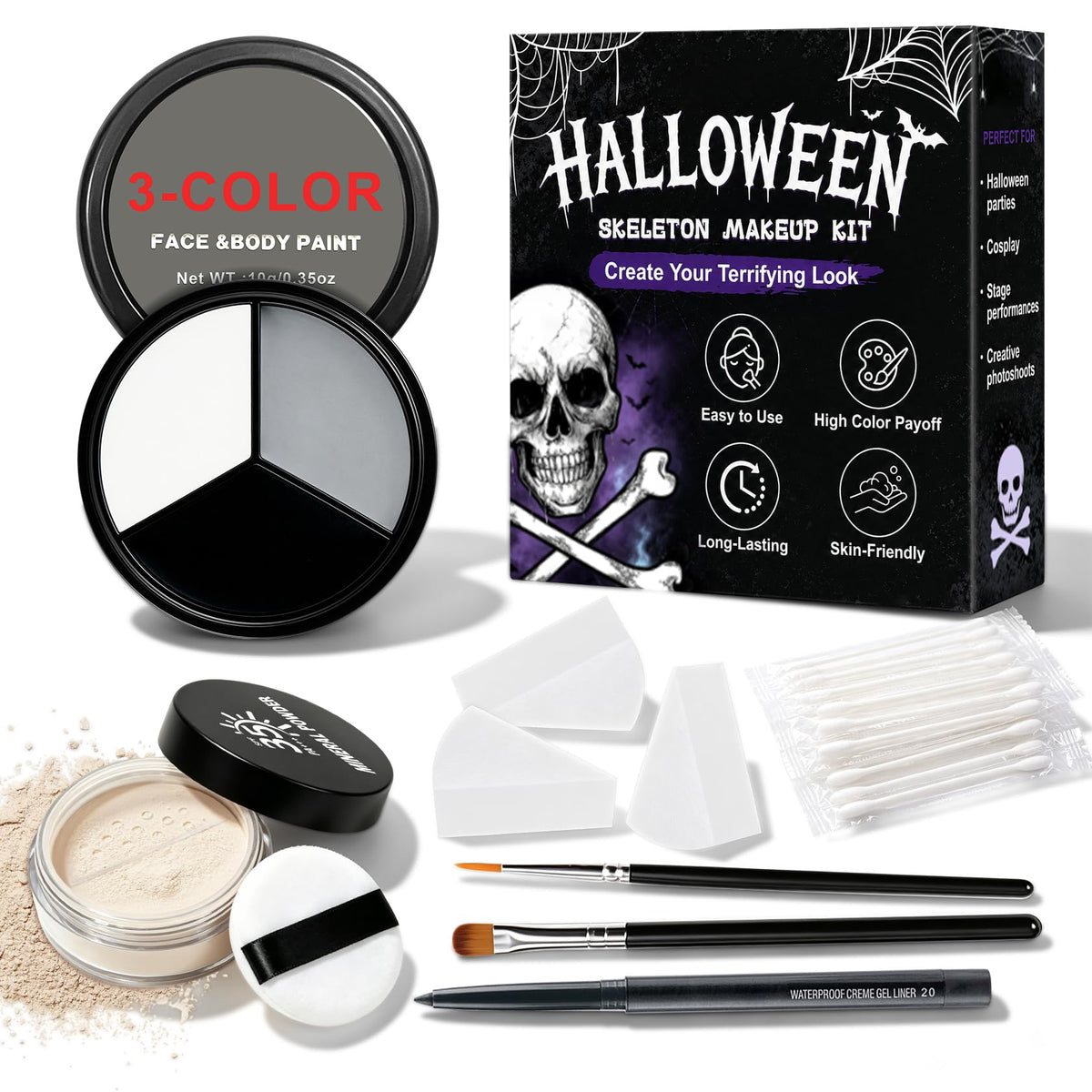 XINGXYUEL Halloween Skeleton Makeup Kit, White Black Grey Face Body Paint