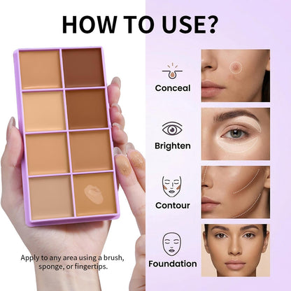 8 Colors Cream Concealer Palette, Soft Matte Full Coverage Contour Palette, Natural Matte Long Lasting Foundation Palette, Waterproof Blendable Face Make Up Pallete