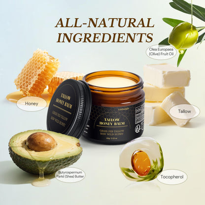 Lazibudgha Beef Tallow for Skin, Tallow and Honey Balm for Face, Grass-Fed Tallow for Body, Deep Nourishing 2.1oz / 60g